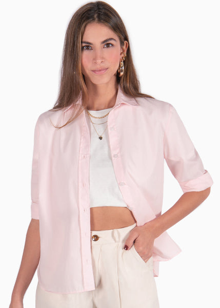 Camisa manga larga con botones y cuello color rosado para mujer - Flashy