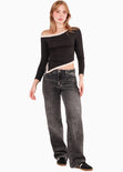 Blusa manga larga con cortes en contraste y abertura en costado color negro para mujer - Flashy