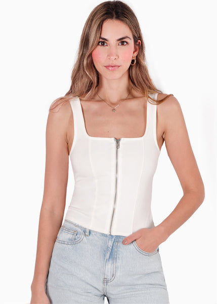 Blusa larga tipo corset con cierre delantero y tela tipo gamuza color blanco, marfil para mujer - Flashy