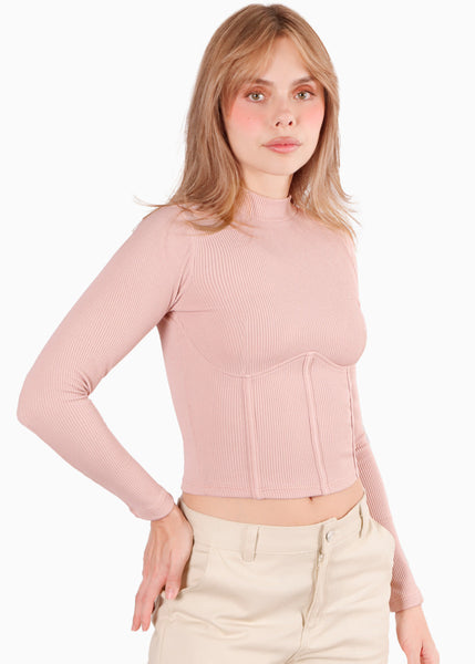 Blusa manga larga con cortes en delantero color rosado para mujer - Flashy