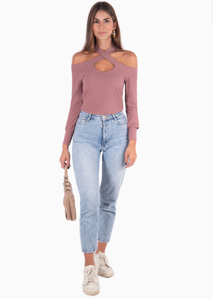 Blusa manga larga con cruce en escote color rosado, morado para mujer - Flashy