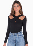 Blusa manga larga con cruce en escote color negro para mujer - Flashy