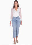 Blusa manga larga con cruce en escote y mangas transparentes color blanco, marfil para mujer - Flashy