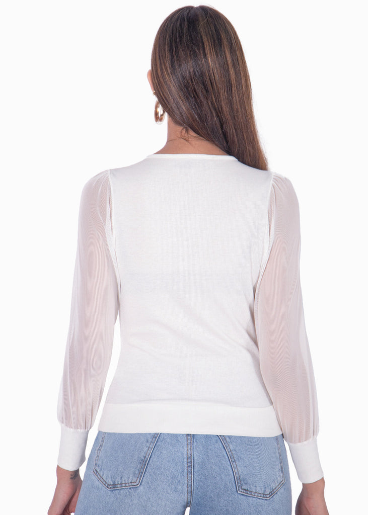 Blusa manga larga con cruce en escote y mangas transparentes color blanco, marfil para mujer - Flashy
