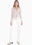 Blusa manga larga con efecto brillo de botones y cuello color rosado para mujer - Flashy