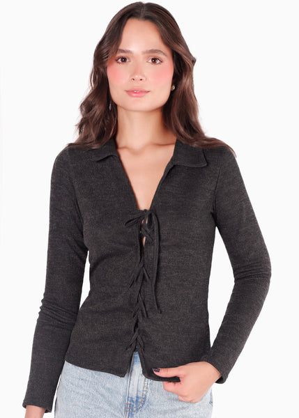 Blusa manga larga con entrelazado en delantero color negro para mujer - Flashy