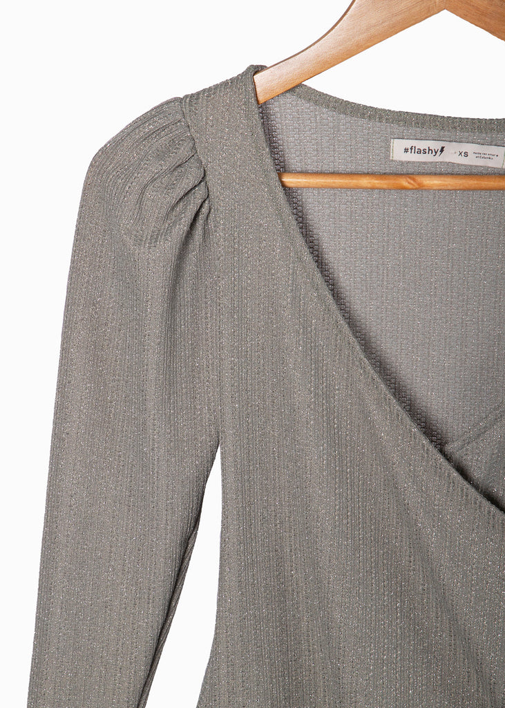 Blusa manga larga con escote cruzado color verde para mujer - Flashy