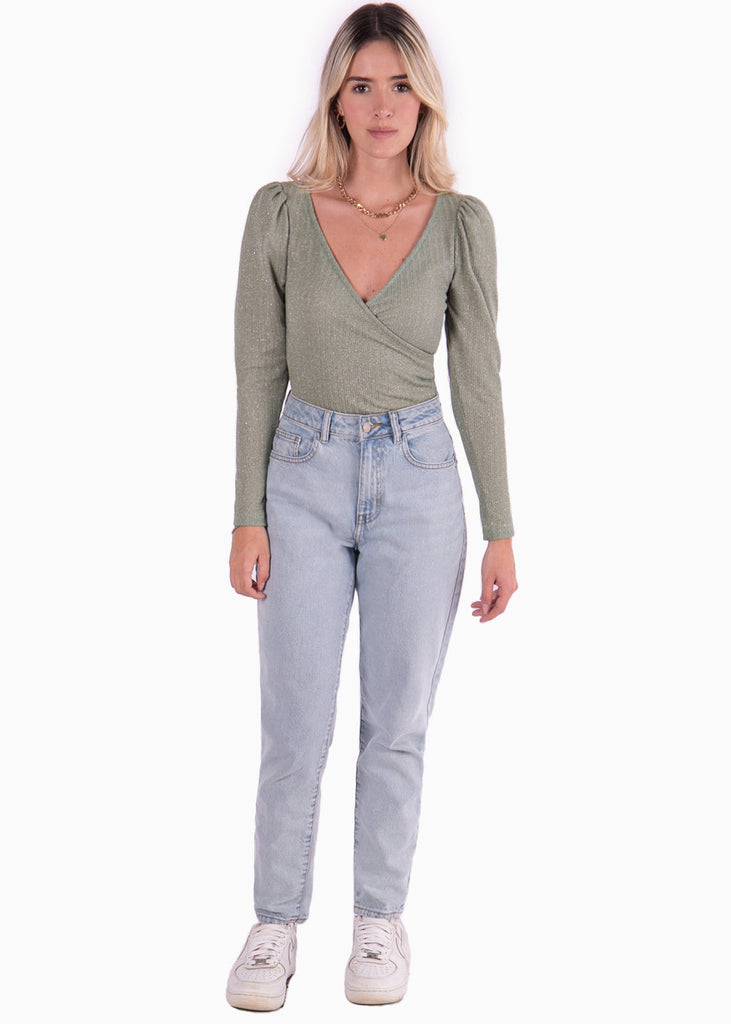 Blusa manga larga con escote cruzado color verde para mujer - Flashy