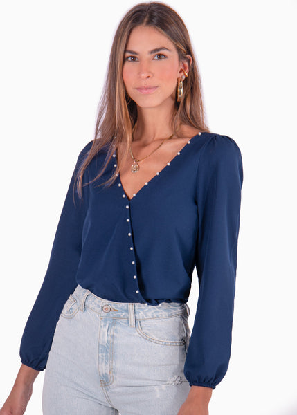 Blusa manga larga con escote cruzado y perlas color azul para mujer - Flashy