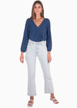 Blusa manga larga con escote cruzado y perlas color azul para mujer - Flashy