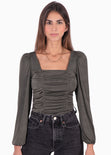 Blusa manga larga con escote cuadrado y recogidos color verde para mujer - Flashy