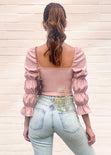Blusa manga larga con escote cuadrado y recogidos en mangas color rosado para mujer - Flashy