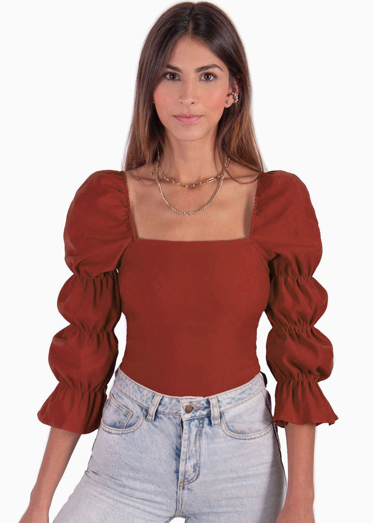 Blusa manga larga con escote cuadrado y recogidos en mangas color rojo, vino para mujer - Flashy