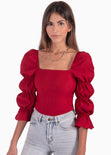 Blusa manga larga con escote cuadrado y recogidos en mangas color rojo para mujer - Flashy
