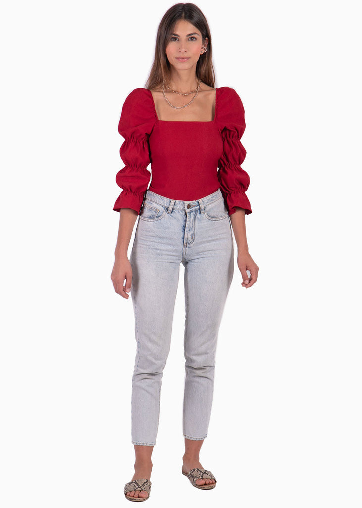 Blusa manga larga con escote cuadrado y recogidos en mangas color rojo para mujer - Flashy
