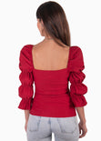 Blusa manga larga con escote cuadrado y recogidos en mangas color rojo para mujer - Flashy