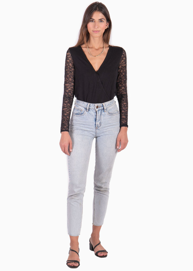 Blusa manga larga con escote en v cruzado color negro para mujer - Flashy