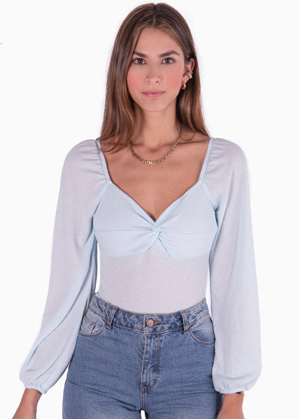 Blusa manga larga con escote entorchado color azul para mujer - Flashy