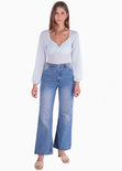 Blusa manga larga con escote entorchado color azul para mujer - Flashy