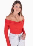 Blusa manga larga con escote off shoulder cruzado color rojo para mujer - Flashy