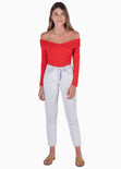 Blusa manga larga con escote off shoulder cruzado color rojo para mujer - Flashy