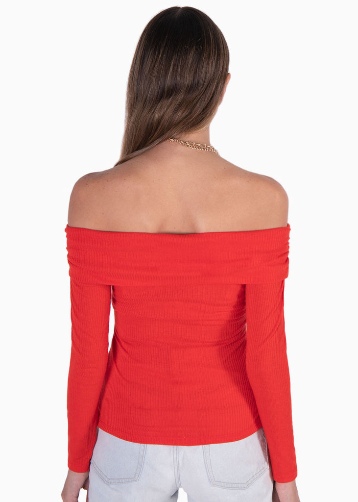 Blusa manga larga con escote off shoulder cruzado color rojo para mujer - Flashy