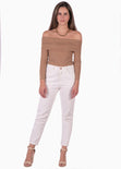 Blusa manga larga con escote off shoulder color beige para mujer - Flashy