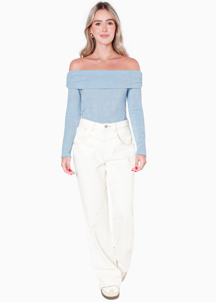 Buzo manga larga con escote off shoulder color azul para mujer - Flashy