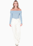 Buzo manga larga con escote off shoulder color azul para mujer - Flashy