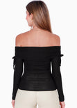 Blusa manga larga con escote off shoulder y recogidos en manga color negro para mujer - Flashy