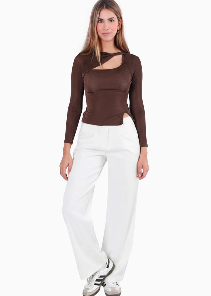 Blusa manga larga con hueco y entorchado en frente - GLAM