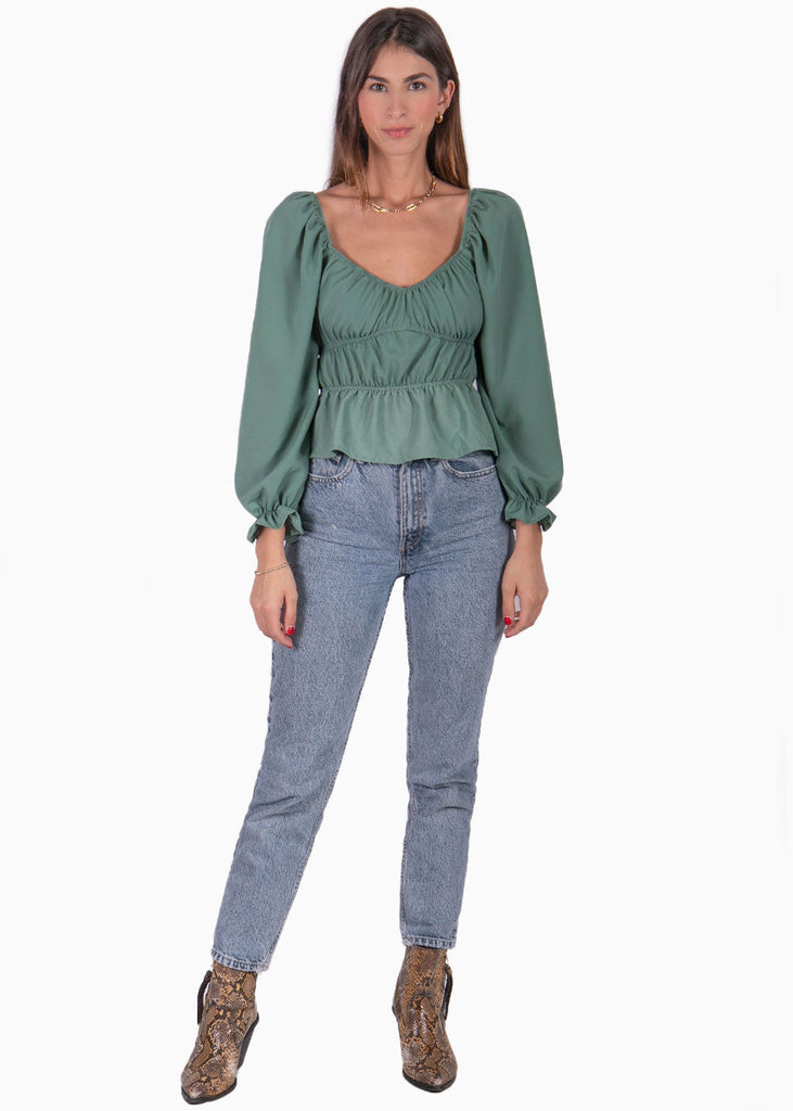 Blusa manga larga con mangas embombadas color verde para mujer - Flashy