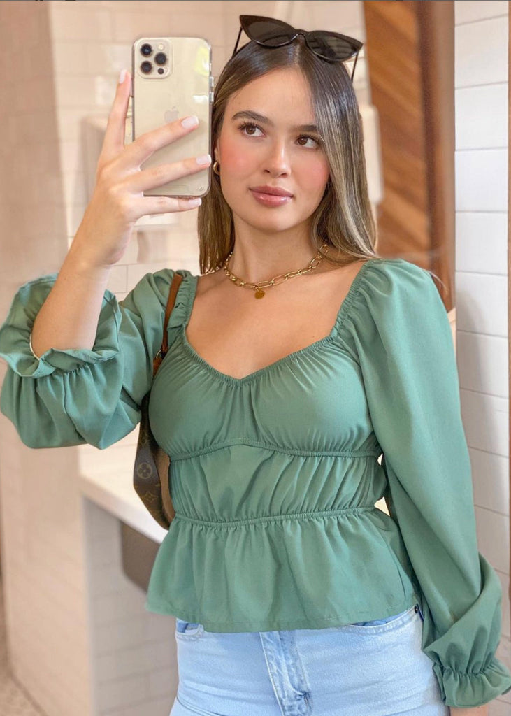 Blusa manga larga con mangas embombadas color verde para mujer - Flashy