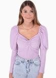 Blusa manga larga con recogido en escote color lila, morado para mujer - Flashy