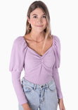 Blusa manga larga con recogido en escote color lila, morado para mujer - Flashy