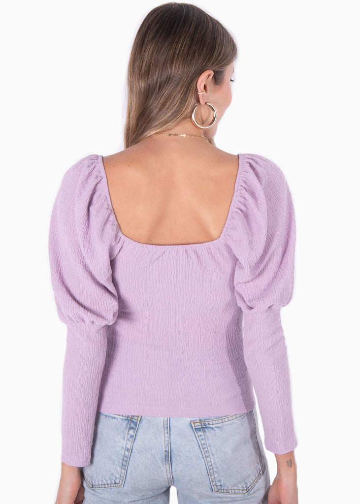 Blusa manga larga con recogido en escote color lila, morado para mujer - Flashy