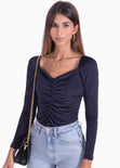 Blusa manga larga con recogido en frente color azul para mujer - Flashy