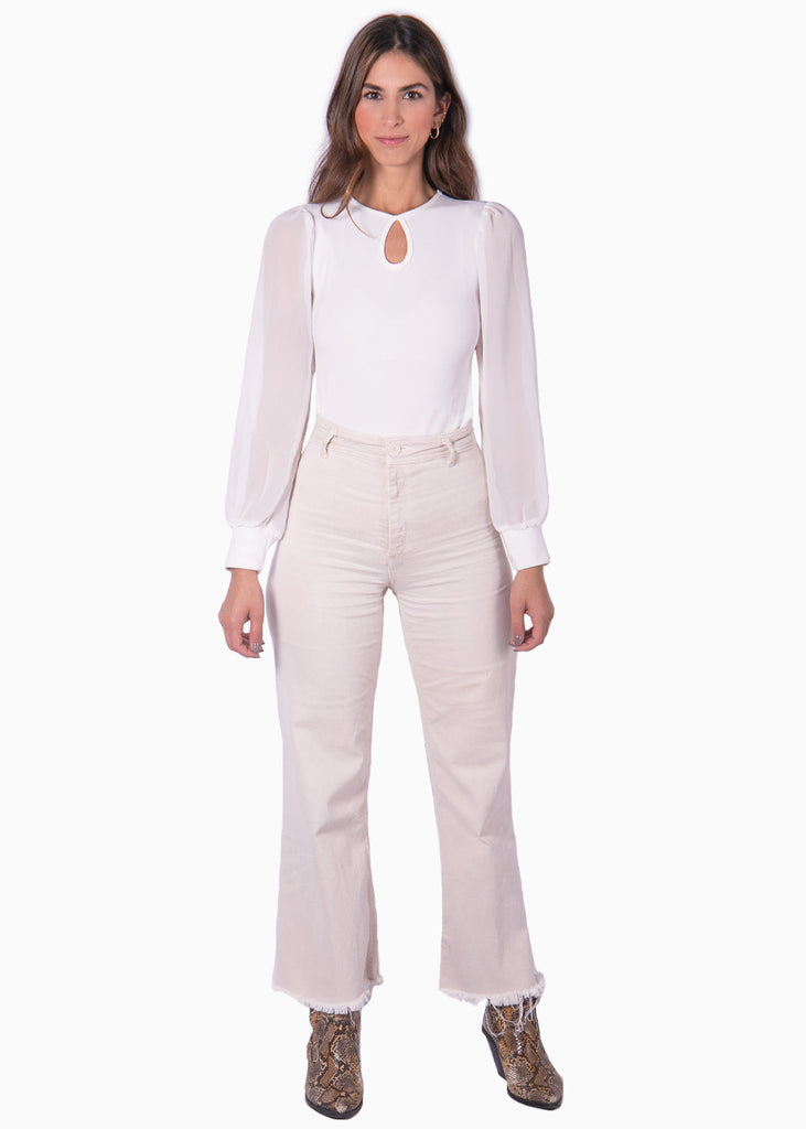 Blusa manga larga con recogido en hombros color blanco para mujer - Flashy