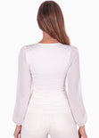 Blusa manga larga con transparencia y amarre en escote color blanco para mujer - Flashy