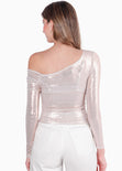 Blusa manga larga con un hombro descubierto y con efecto brillo color plateado para mujer - Flashy