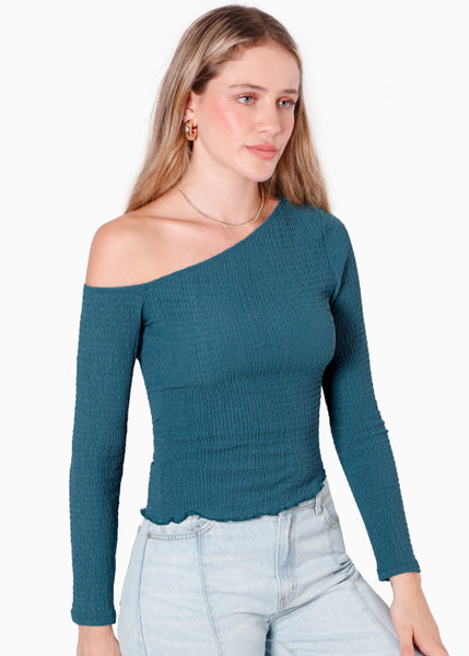 Blusa manga larga con un hombro descubierto y ruedo asimétrico color azul para mujer - Flashy