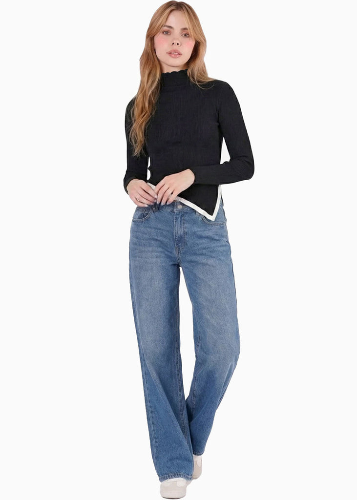 Blusa manga larga cuello alto contraste en ruedo - OPALO.NEGRO