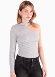 Blusa manga larga de un solo hombro con cuello alto color azul para mujer - Flashy