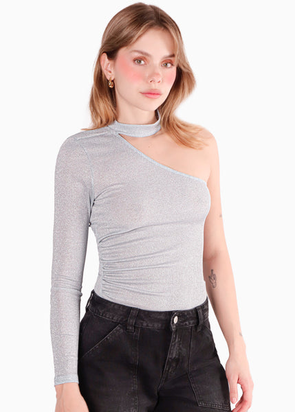 Blusa manga larga de un solo hombro con cuello alto color azul para mujer - Flashy
