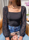 Blusa manga larga en encaje con escote cuadrado para mujer - Flashy