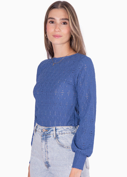Blusa manga larga en ojalillo y mangas englobadas color azul para mujer - Flashy