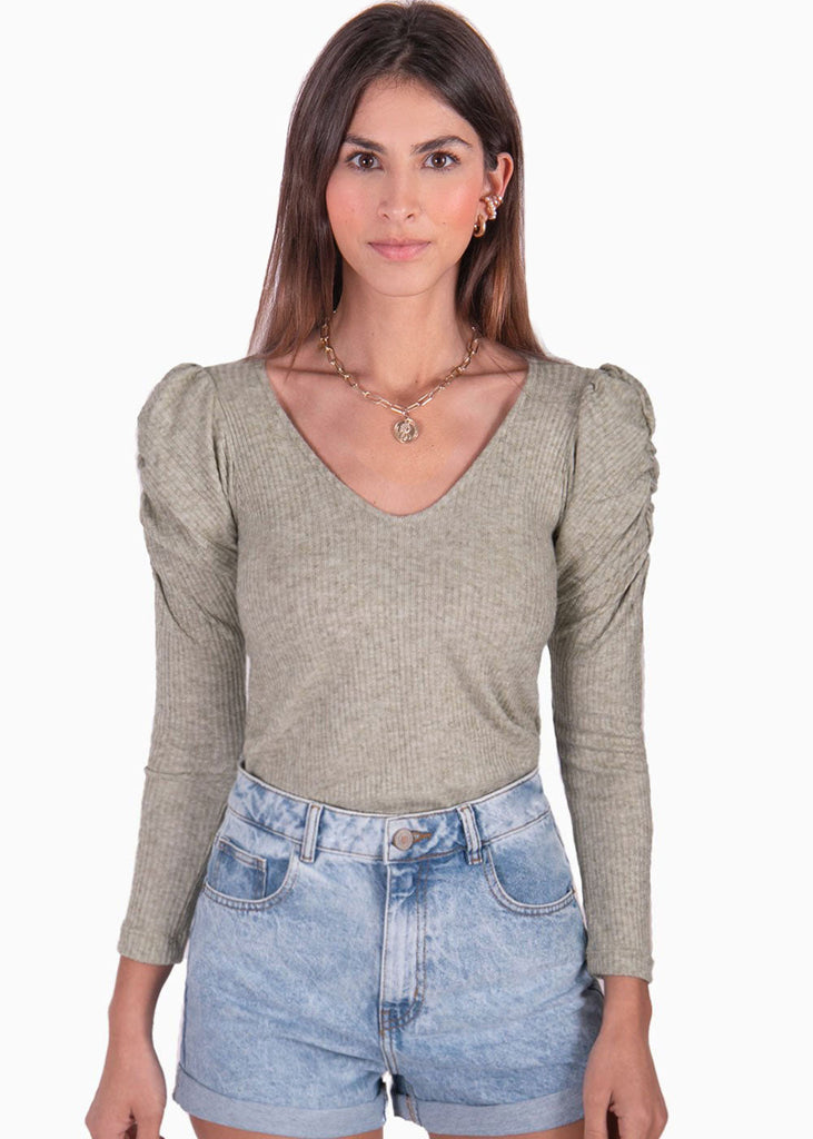 Buzo manga larga, escote en v y recogido en hombros color gris para mujer - Flashy