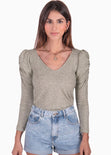 Buzo manga larga, escote en v y recogido en hombros color gris para mujer - Flashy