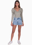 Buzo manga larga, escote en v y recogido en hombros color gris para mujer - Flashy