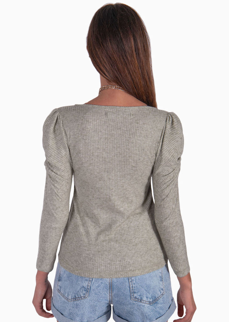 Buzo manga larga, escote en v y recogido en hombros color gris para mujer - Flashy
